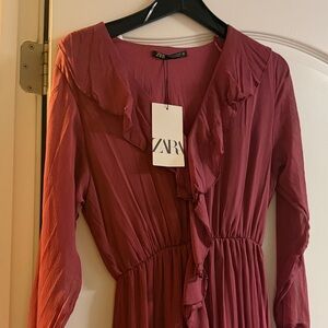 ZARA Dusty Rose Ruffle-Front Long Sleeve Dress